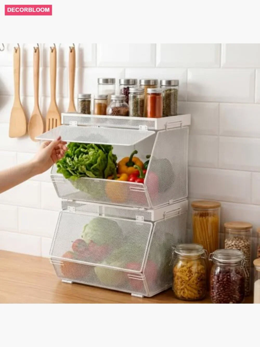 2 Pack Stackable Mesh Fruit Basket with Lid Wall Mountable Hanging Vegetable